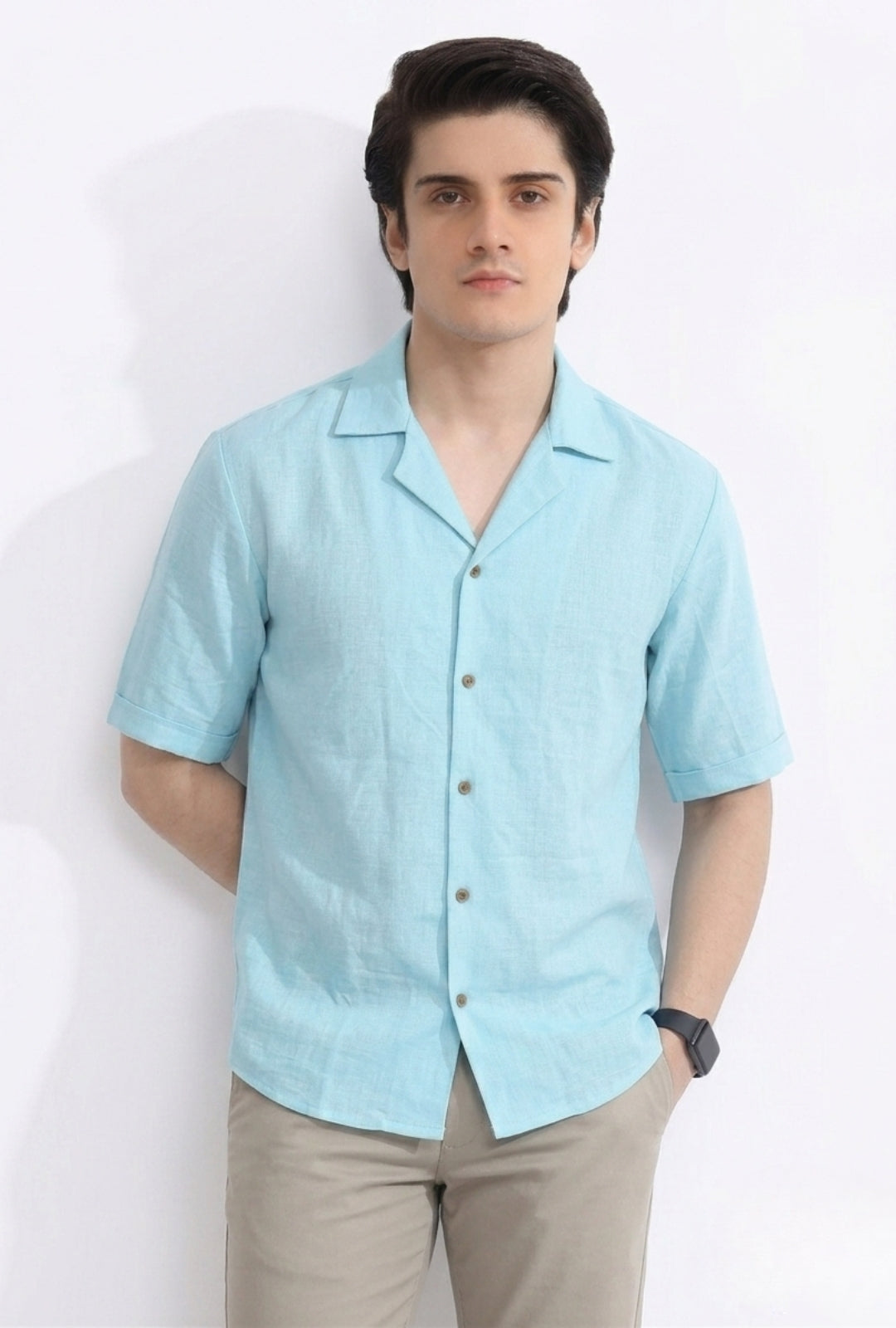 Shirt Irish Linen Cuban Collar – Turquoise