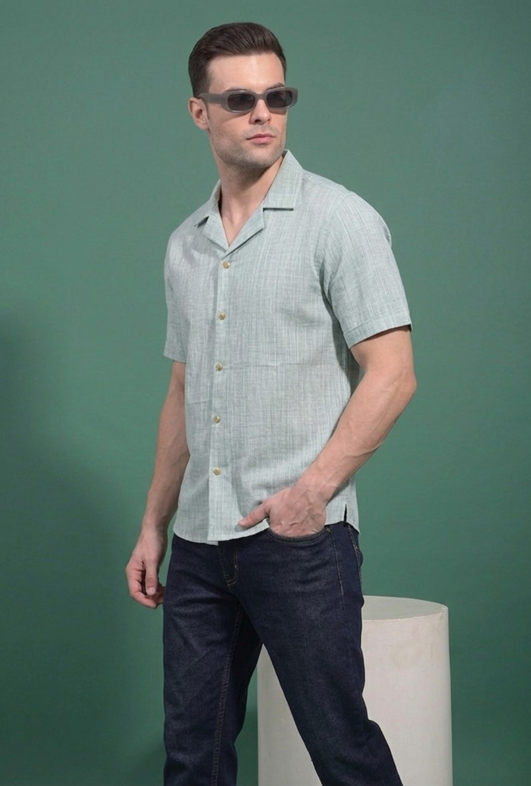 Cotton Linen Cuban Collar shirt –  Green & White Stripes