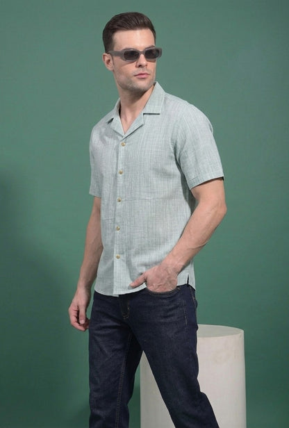 Cotton Linen Cuban Collar shirt –  Green & White Stripes