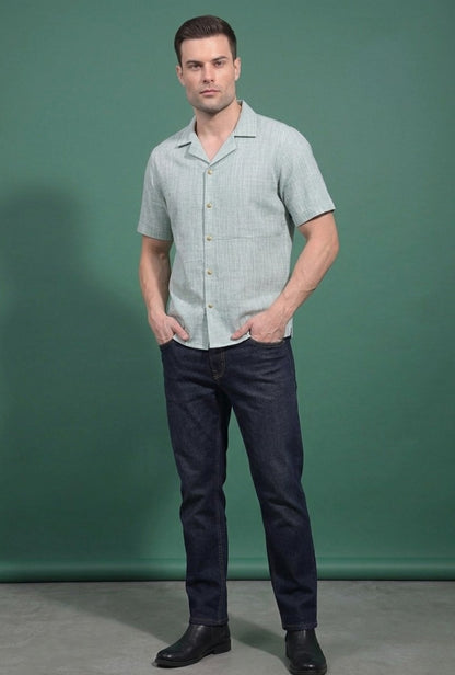 Cotton Linen Cuban Collar shirt –  Green & White Stripes