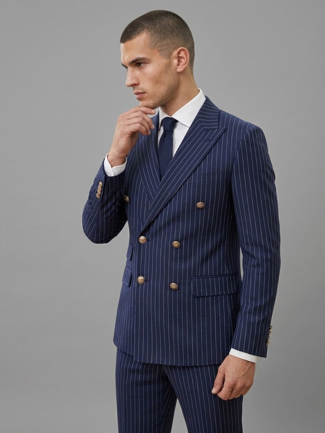 Navy Pinstripe 2-Piece Suit – Cotton Wool Finish