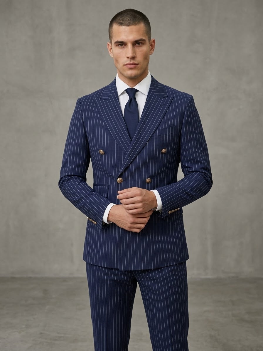 Navy Pinstripe 2-Piece Suit – Cotton Wool Finish