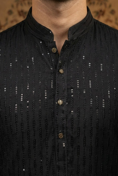 Mehfil – Premium Black Cotton Silk Embroidered Wedding Kurta