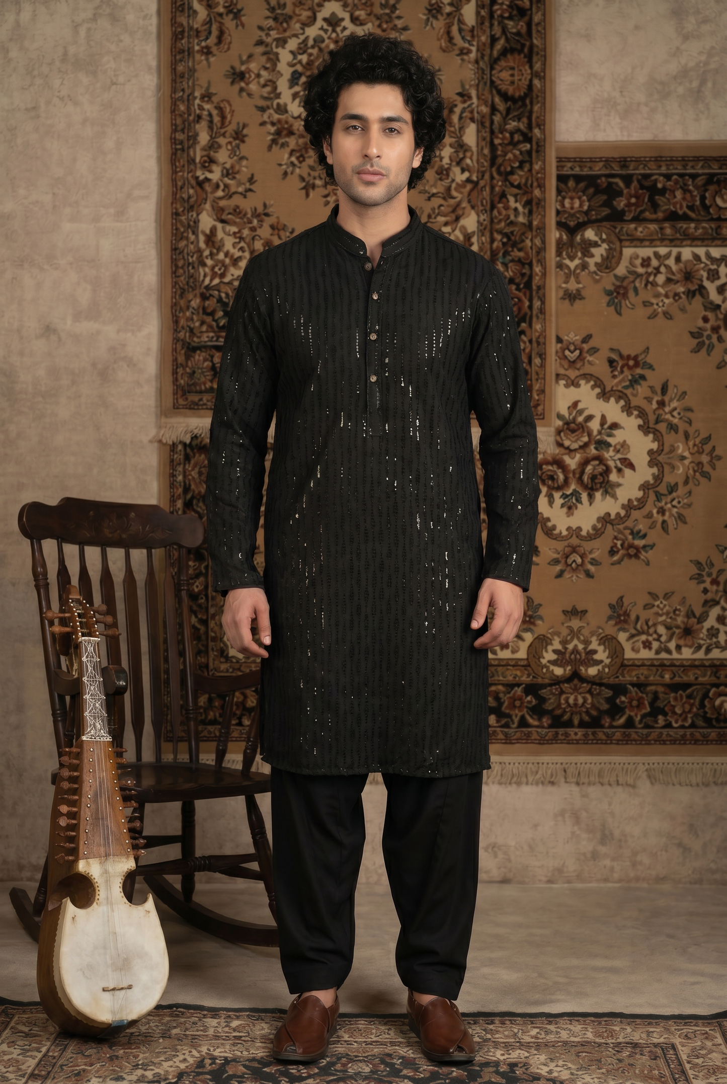 Mehfil – Premium Black Cotton Silk Embroidered Wedding Kurta