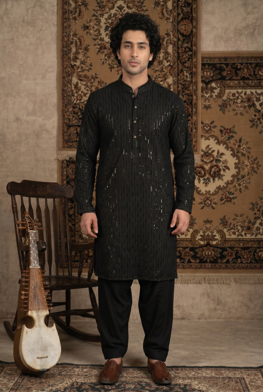 Mehfil – Premium Black Cotton Silk Embroidered Wedding Kurta