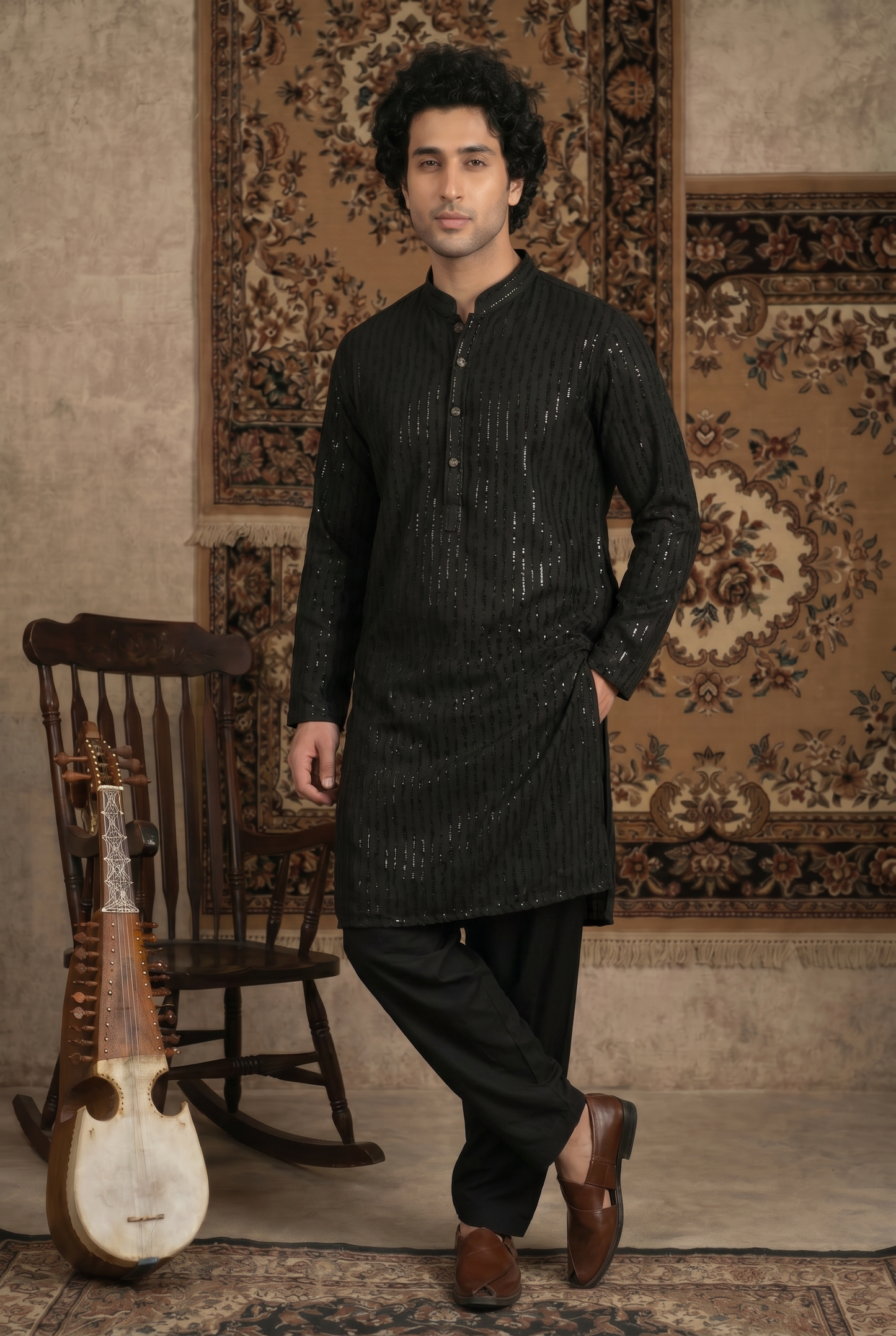 Mehfil – Premium Black Cotton Silk Embroidered Wedding Kurta