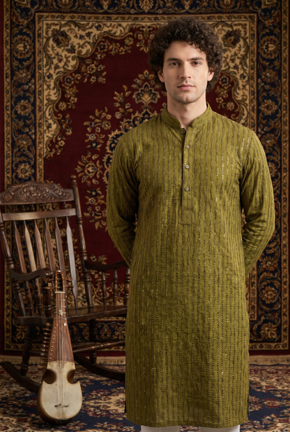 Shan – Premium Olive Cotton Silk Embroidered Wedding Kurta