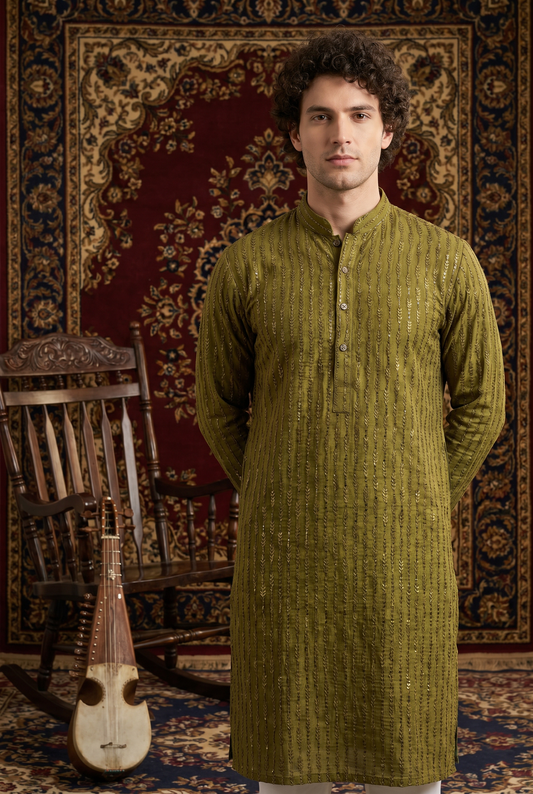 Shan – Premium Olive Cotton Silk Embroidered Wedding Kurta