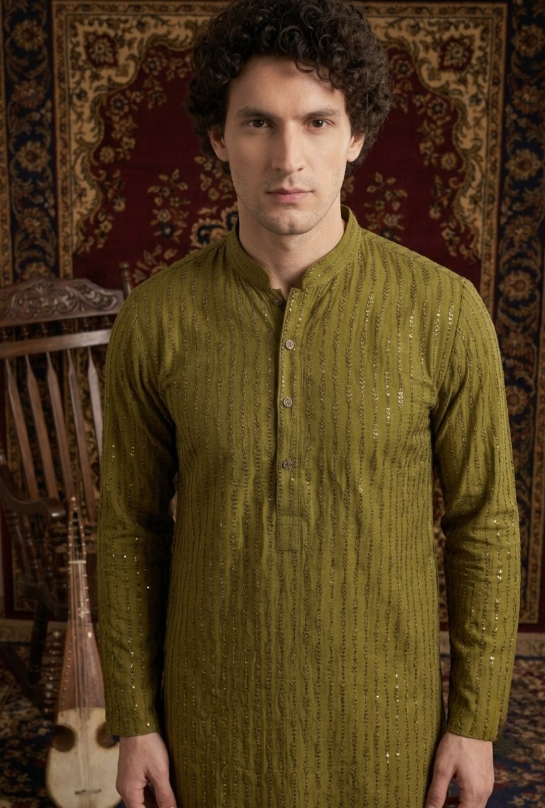 Shan – Premium Olive Cotton Silk Embroidered Wedding Kurta