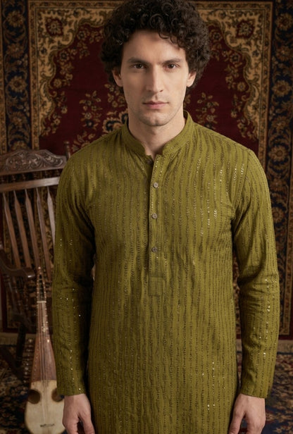 Shan – Premium Olive Cotton Silk Embroidered Wedding Kurta