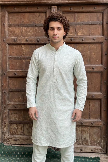 Nazakat – Premium Ice Mint Cotton Silk Embroidered Wedding Kurta