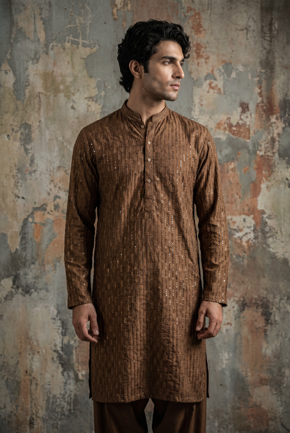 Zar-Ghun – Premium Copper Brown Cotton Silk Embroidered Wedding Kurta