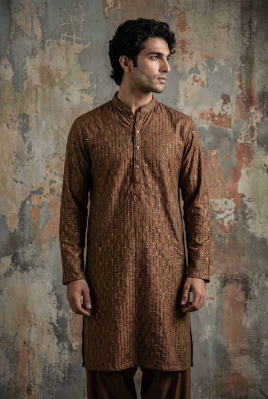 Zar-Ghun – Premium Copper Brown Cotton Silk Embroidered Wedding Kurta