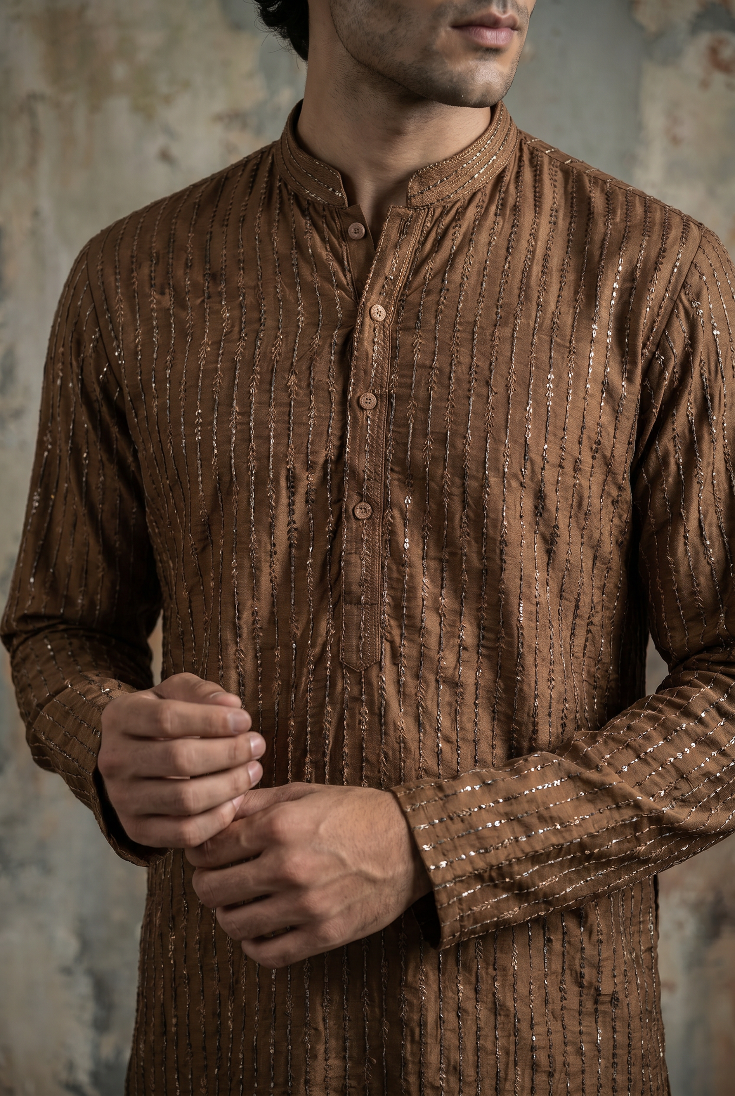 Zar-Ghun – Premium Copper Brown Cotton Silk Embroidered Wedding Kurta