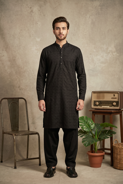 Sarmad – Premium Jet Black Cotton Silk Embroidered Wedding Kurta