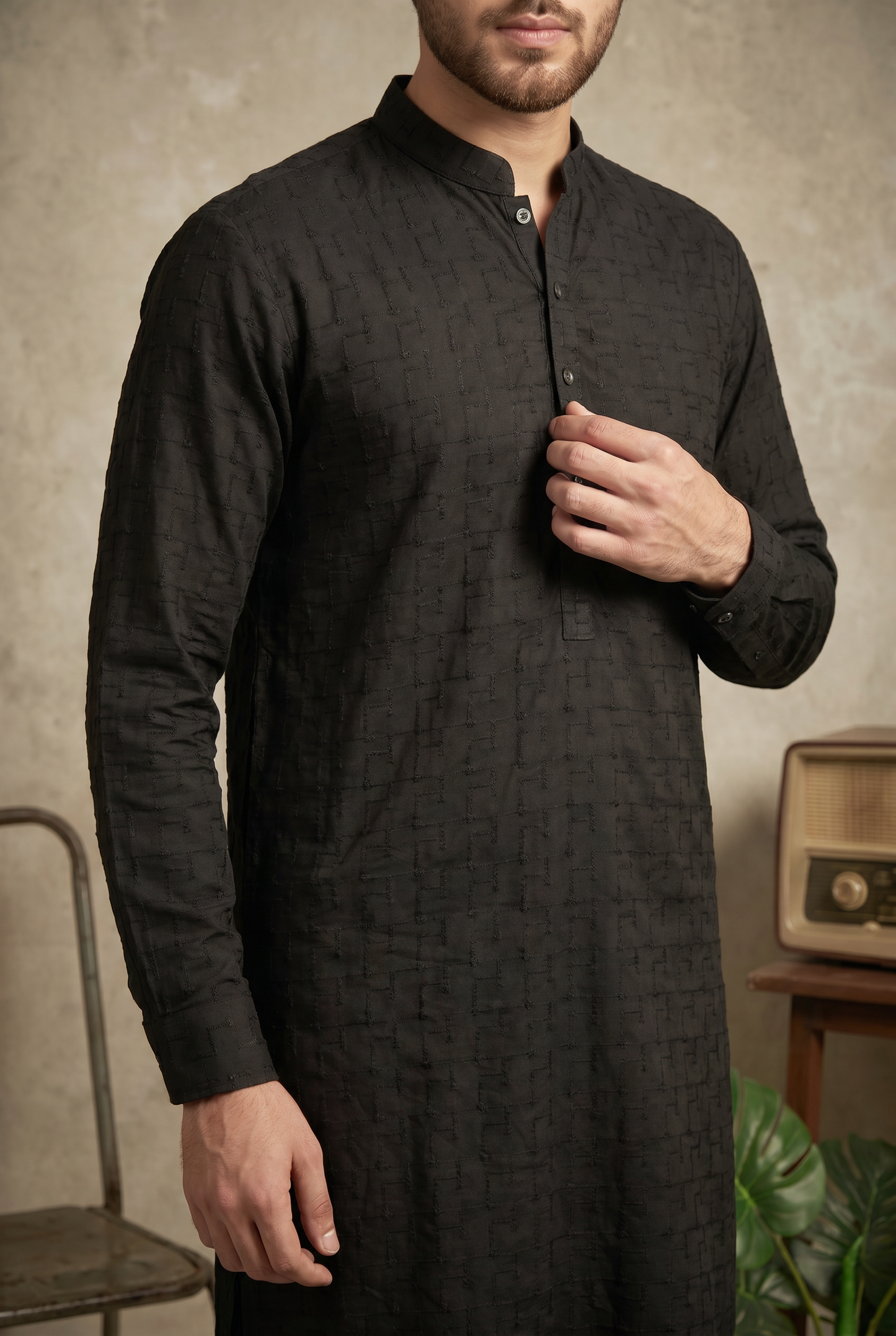 Sarmad – Premium Jet Black Cotton Silk Embroidered Wedding Kurta