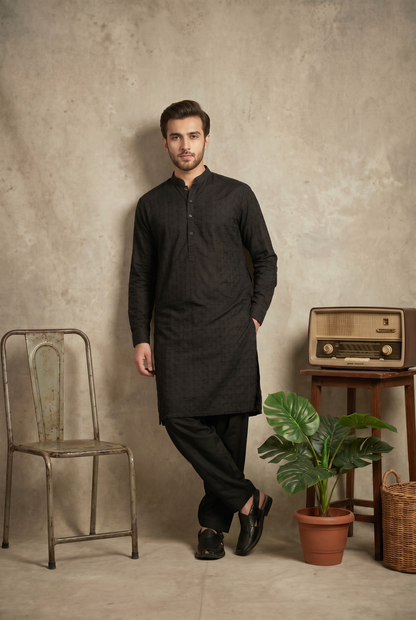 Sarmad – Premium Jet Black Cotton Silk Embroidered Wedding Kurta