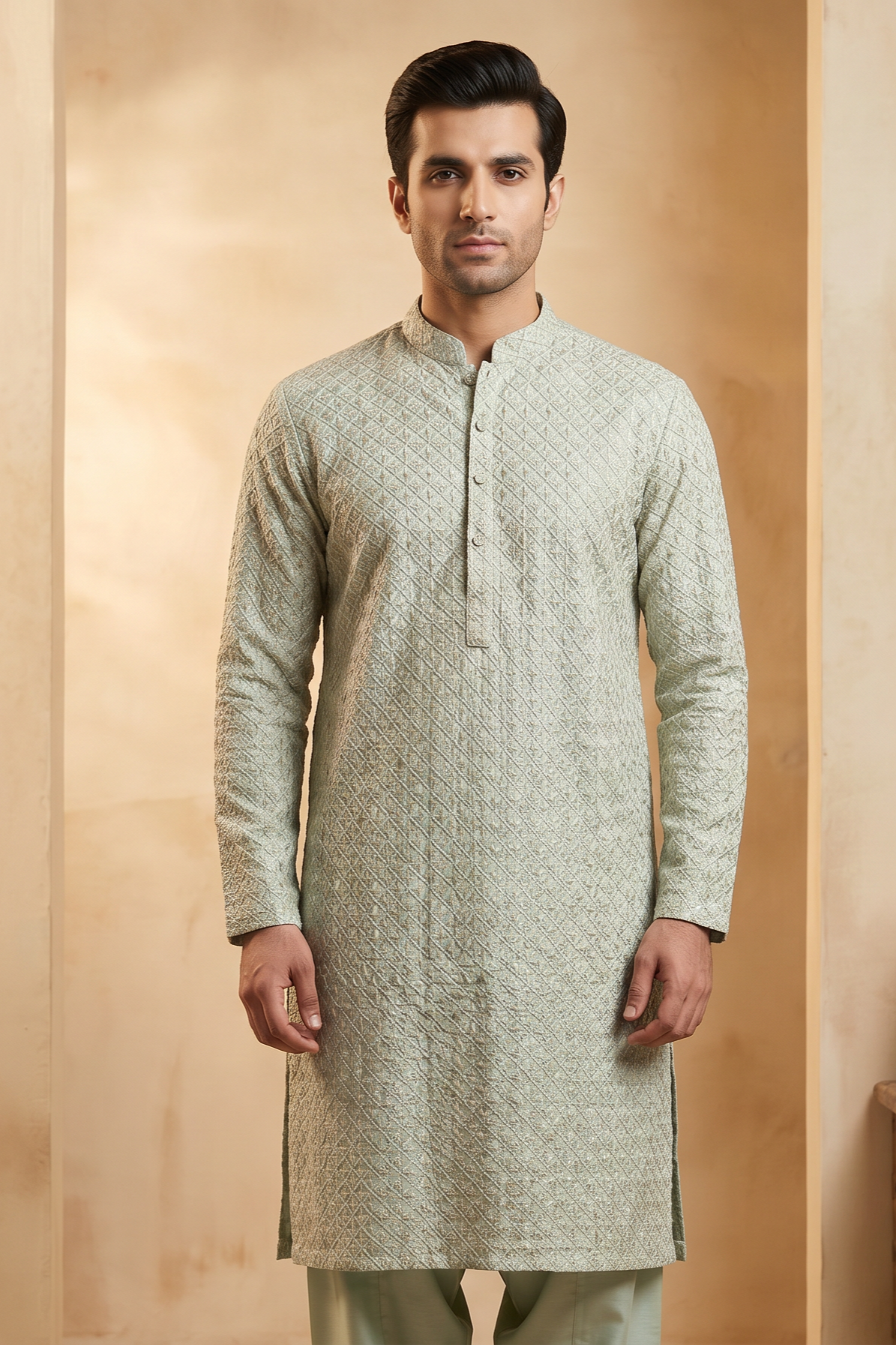 Kundan – Premium Sage Green Cotton Silk Embroidered Wedding Kurta
