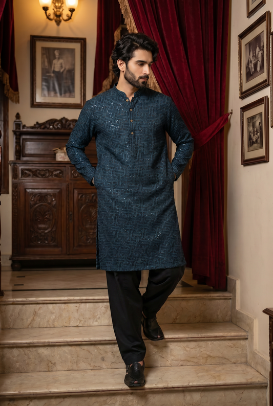 Naksh – Premium Deep Teal Blue Cotton Silk Embroidered Wedding Kurta