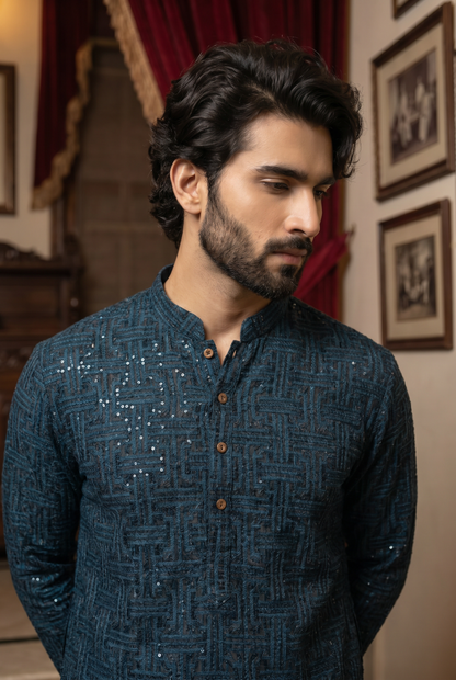 Naksh – Premium Deep Teal Blue Cotton Silk Embroidered Wedding Kurta