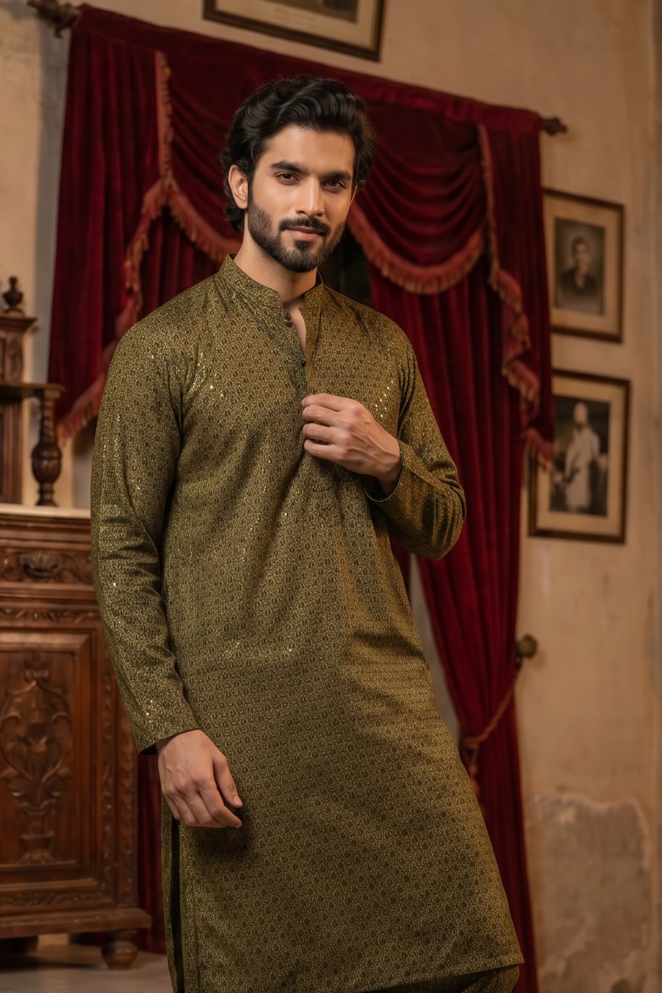 Shehzada – Premium Mehndi Cotton Silk Embroidered Wedding Kurta