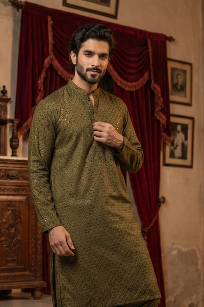 Shehzada – Premium Mehndi Cotton Silk Embroidered Wedding Kurta
