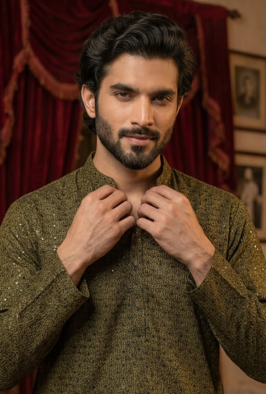 Shehzada – Premium Mehndi Cotton Silk Embroidered Wedding Kurta