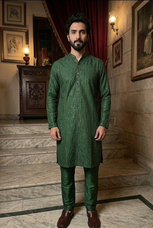 Bazm – Premium Dark Green Cotton Silk Embroidered Wedding Kurta