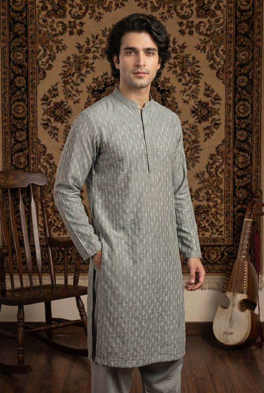 Zarwaan – Premium Grey Cotton Silk Embroidered Wedding Kurta