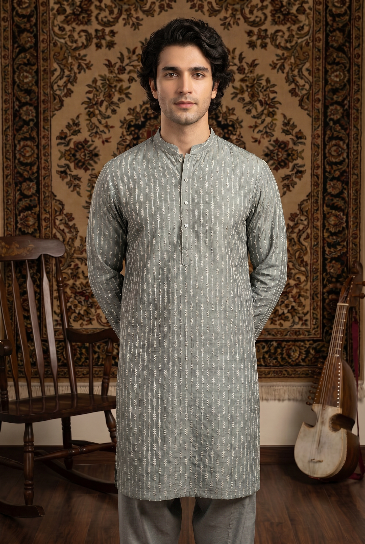 Zarwaan – Premium Grey Cotton Silk Embroidered Wedding Kurta