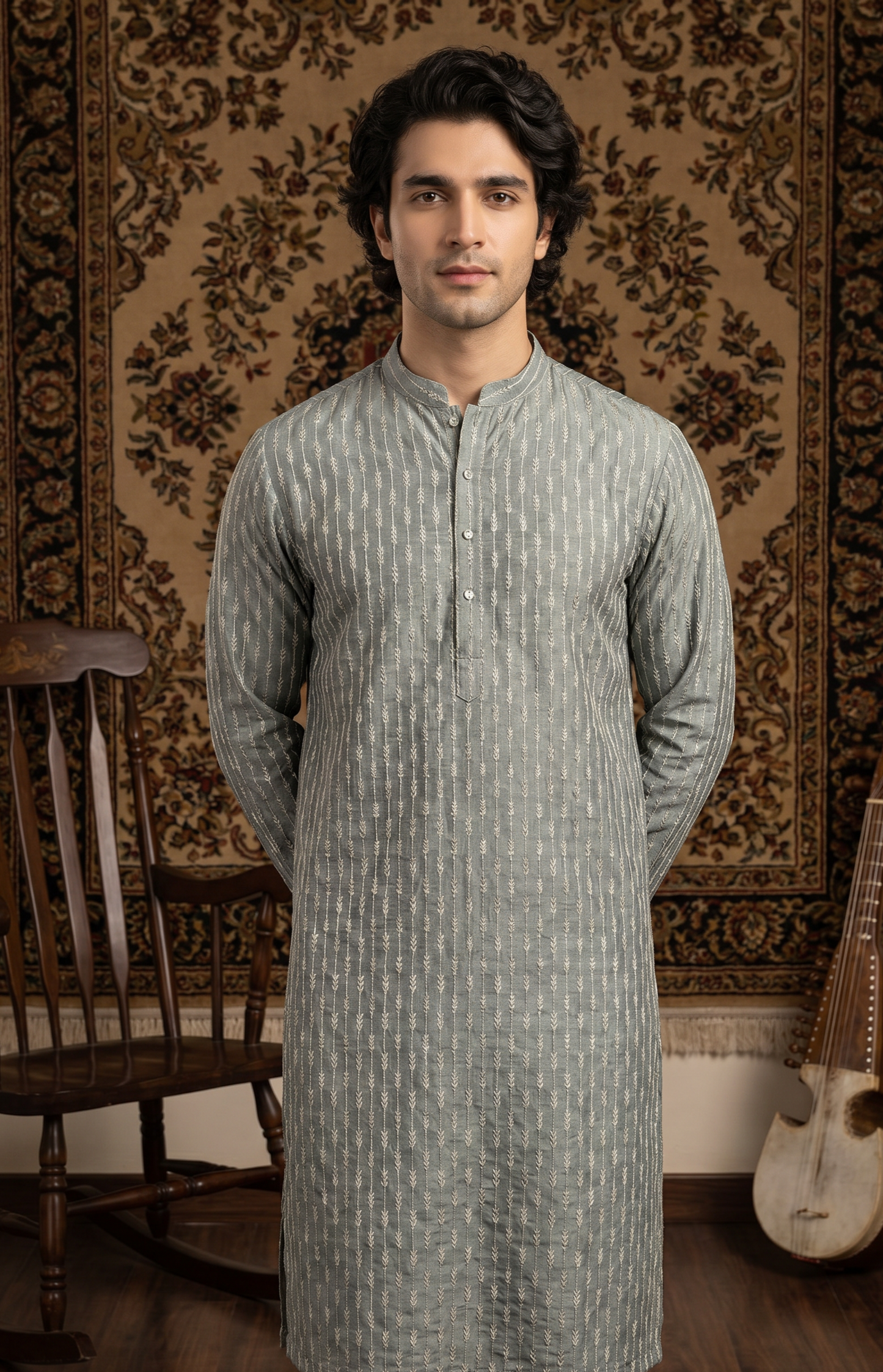 Zarwaan – Premium Grey Cotton Silk Embroidered Wedding Kurta