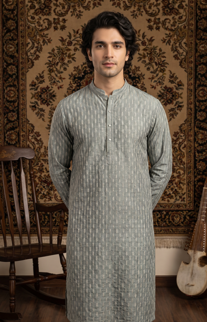 Zarwaan – Premium Grey Cotton Silk Embroidered Wedding Kurta