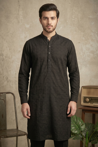 Sarmad – Premium Jet Black Cotton Silk Embroidered Wedding Kurta