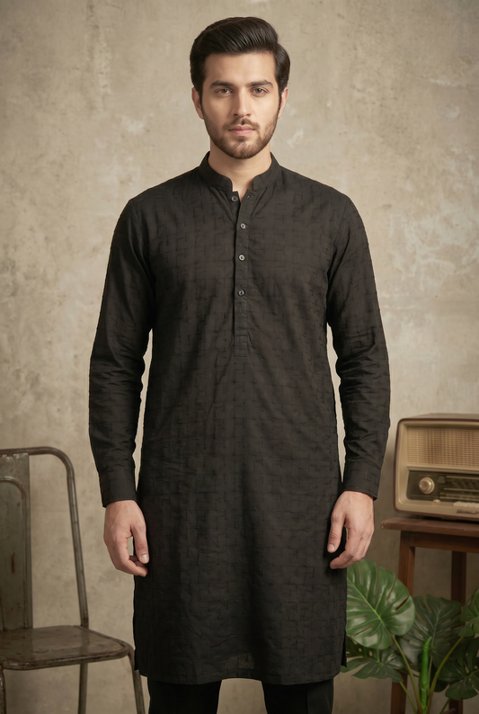 Sarmad – Premium Jet Black Cotton Silk Embroidered Wedding Kurta
