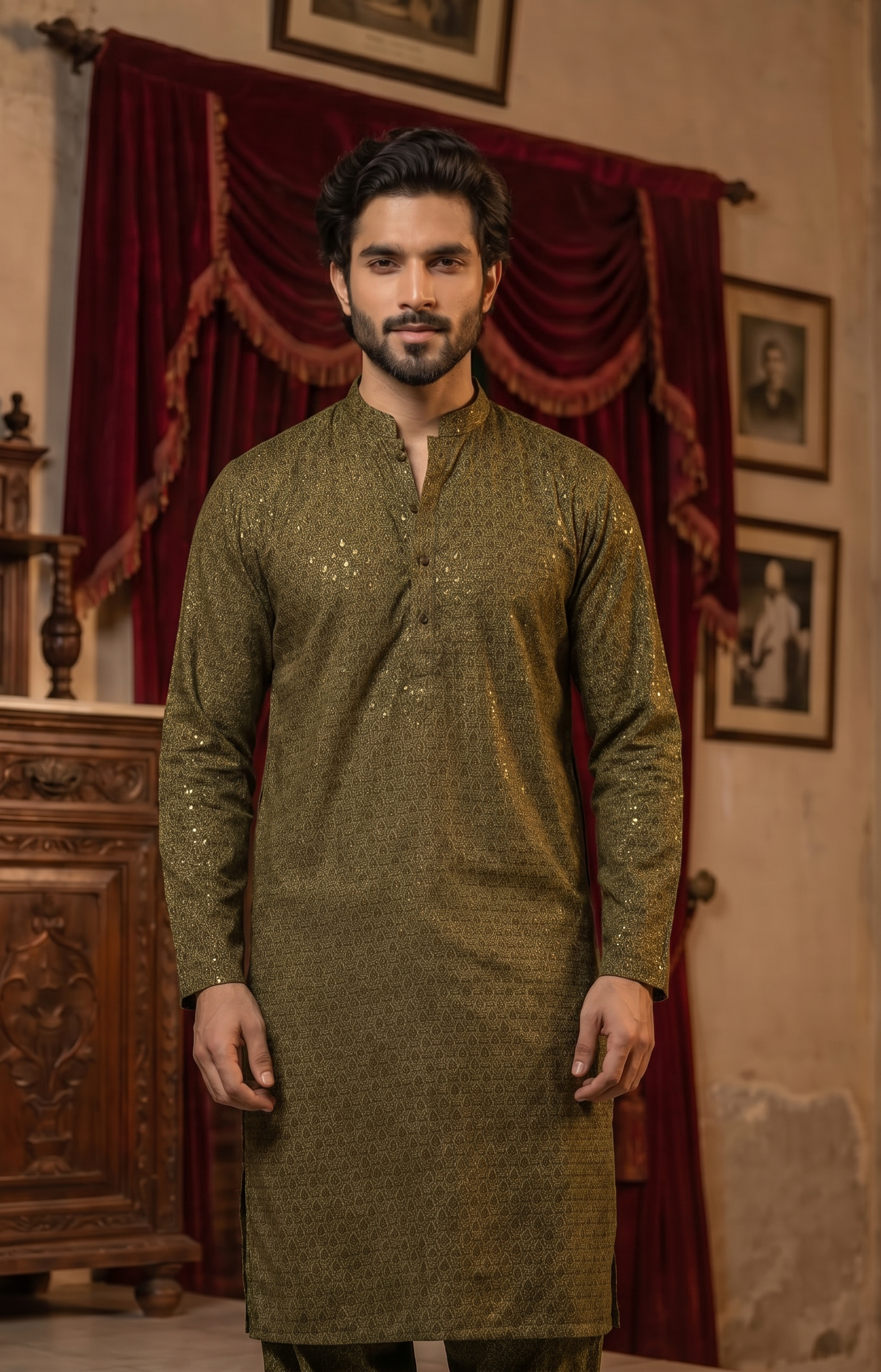 Shehzada – Premium Mehndi Cotton Silk Embroidered Wedding Kurta