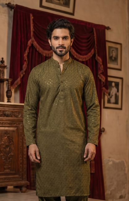 Shehzada – Premium Mehndi Cotton Silk Embroidered Wedding Kurta