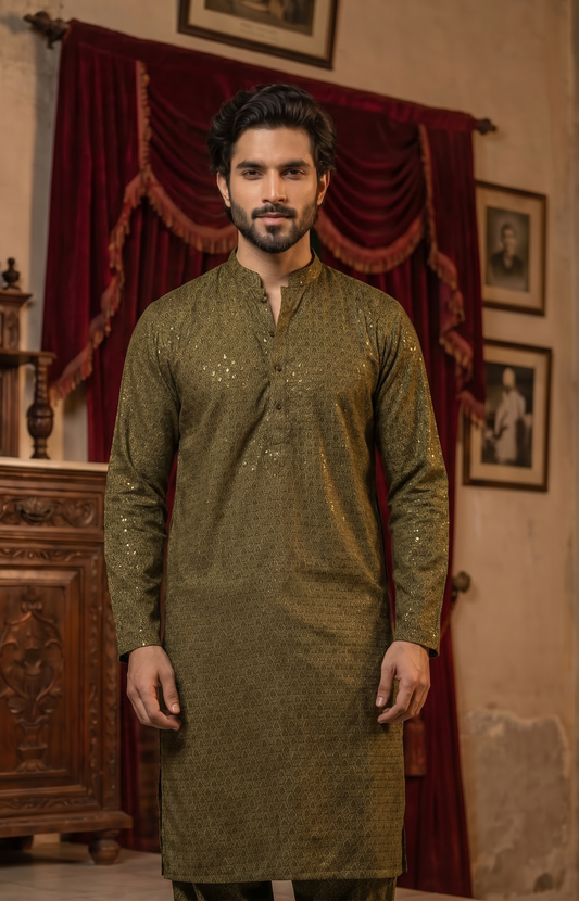 Shehzada – Premium Mehndi Cotton Silk Embroidered Wedding Kurta