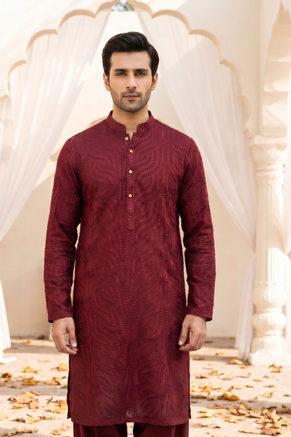 Rangrez – Premium Red Cotton Silk Embroidered Wedding Kurta