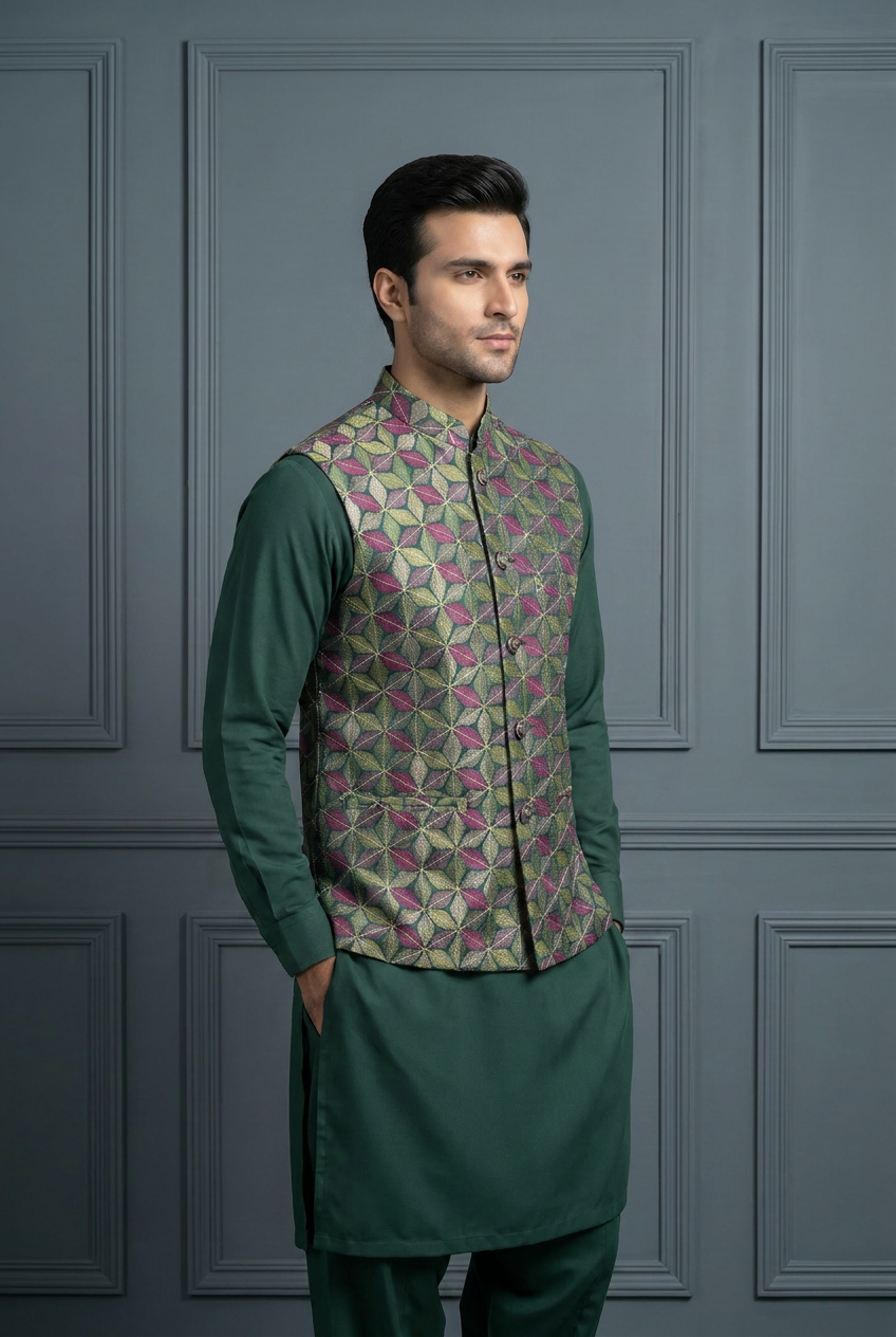 Rangrez – Premium Multi-Colored Geometric Embroidered Waistcoat