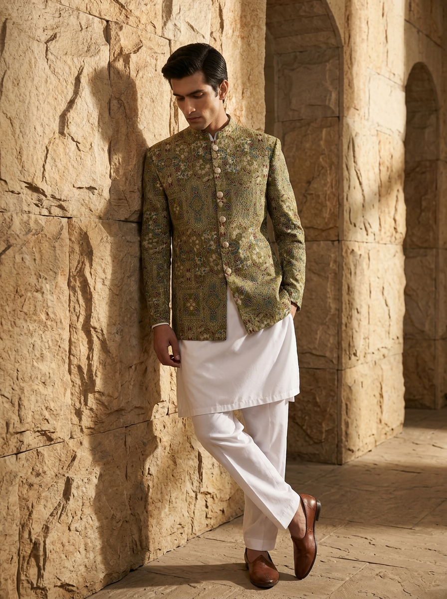 Baagh – Premium Mehandi Cotton Silk Embroidered Prince Coat