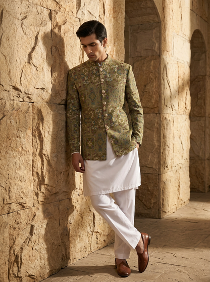 Baagh – Premium Mehandi Cotton Silk Embroidered Prince Coat