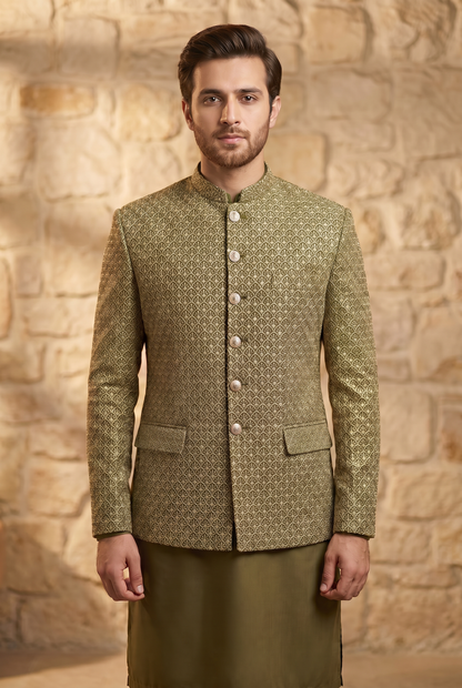 Aali Jah – Premium Mehandi Net Embroidered Prince Coat