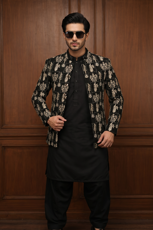 Aftaab – Premium Black Georgette Embroidered Prince Coat