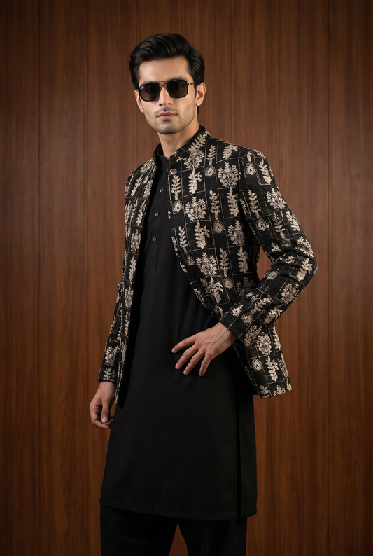 Aftaab – Premium Black Georgette Embroidered Prince Coat