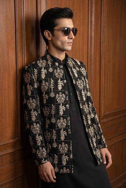 Aftaab – Premium Black Georgette Embroidered Prince Coat