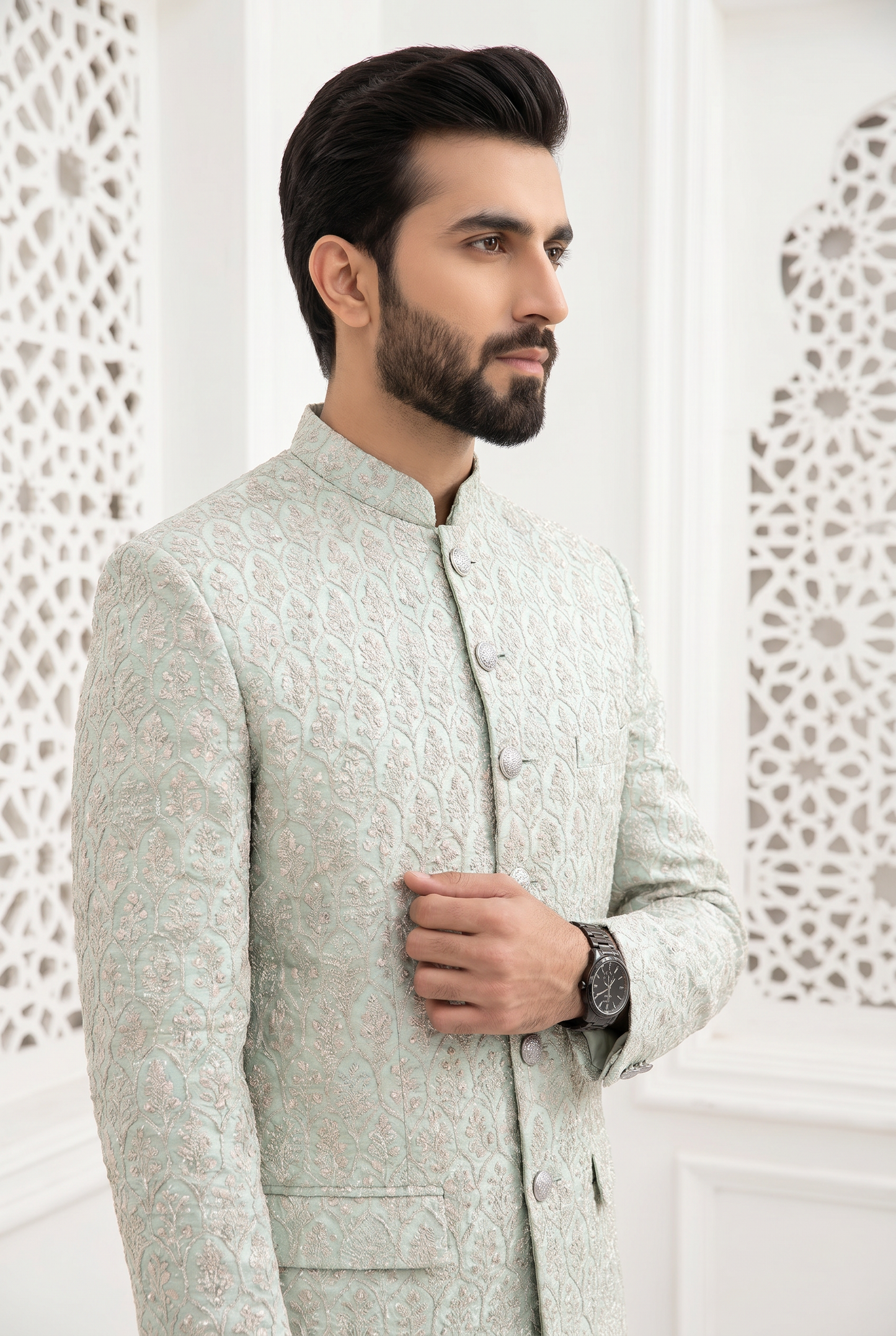 Nawaab – Premium Slate Blue Viscose Raw Silk Embroidered Prince Coat