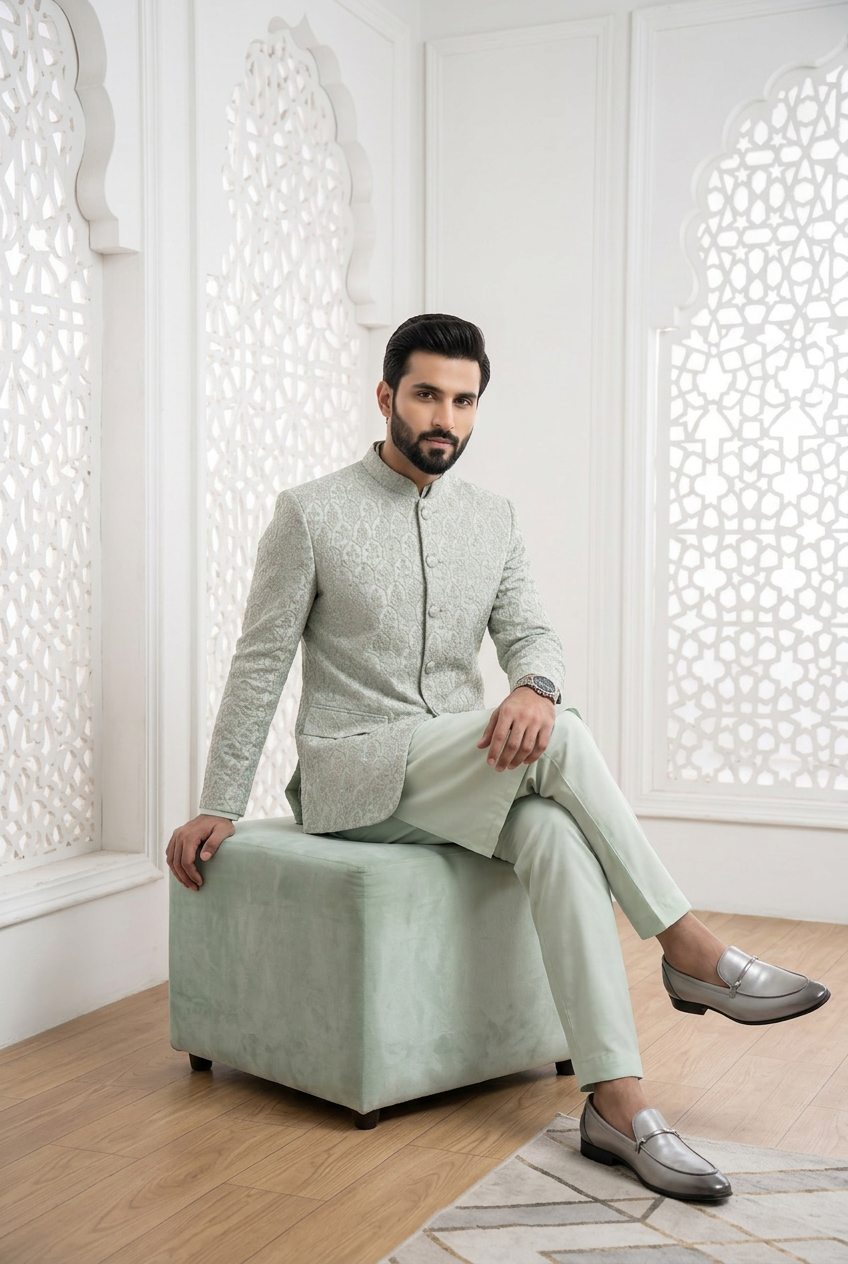 Nawaab – Premium Slate Blue Viscose Raw Silk Embroidered Prince Coat