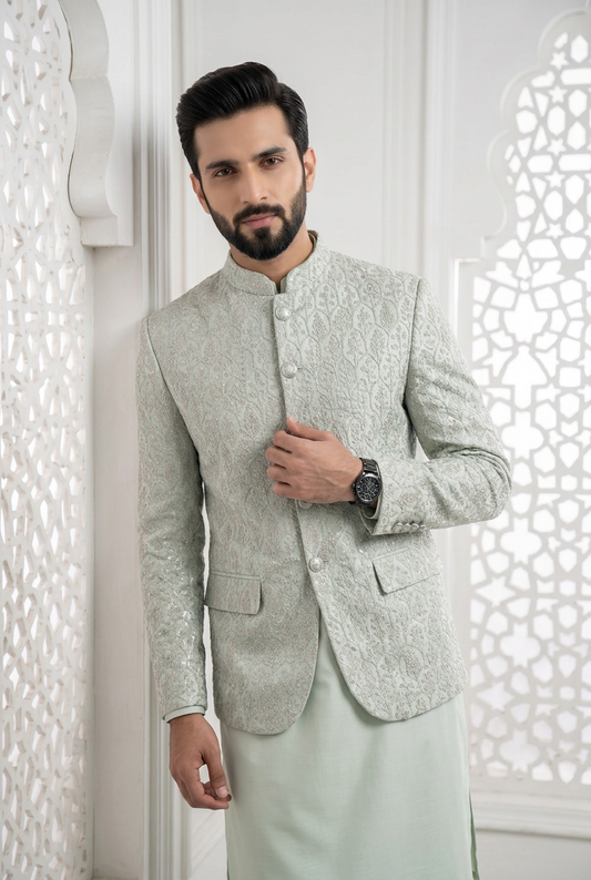 Nawaab – Premium Slate Blue Viscose Raw Silk Embroidered Prince Coat