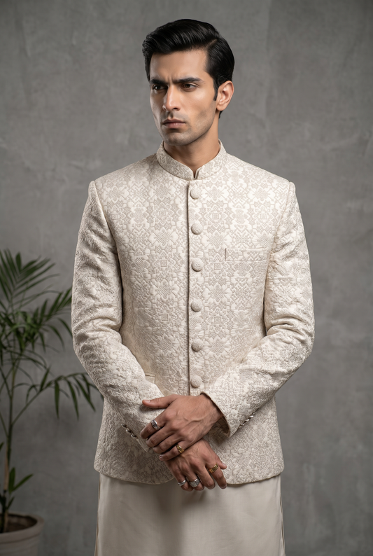 Daastaan – Premium Off-White Cotton Embroidered Prince Coat