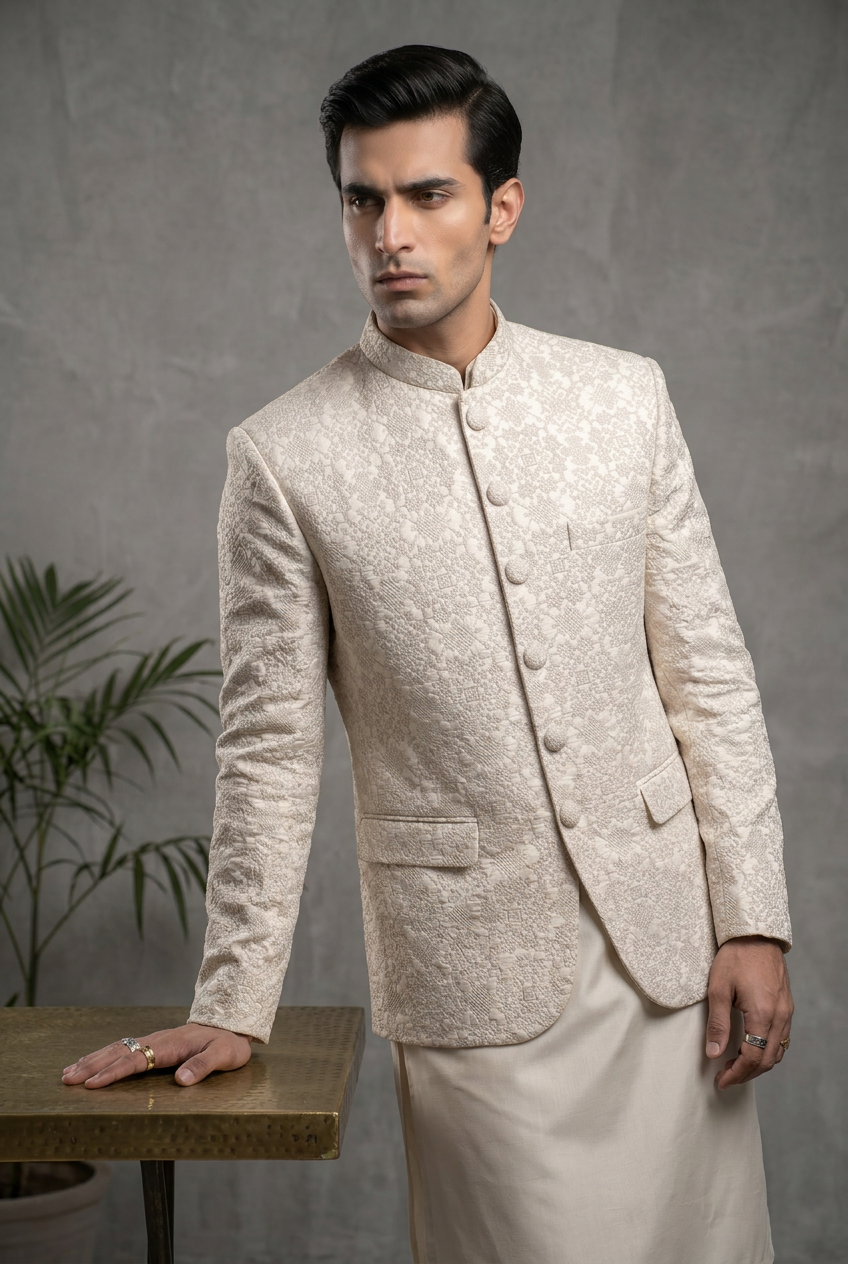 Daastaan – Premium Off-White Cotton Embroidered Prince Coat